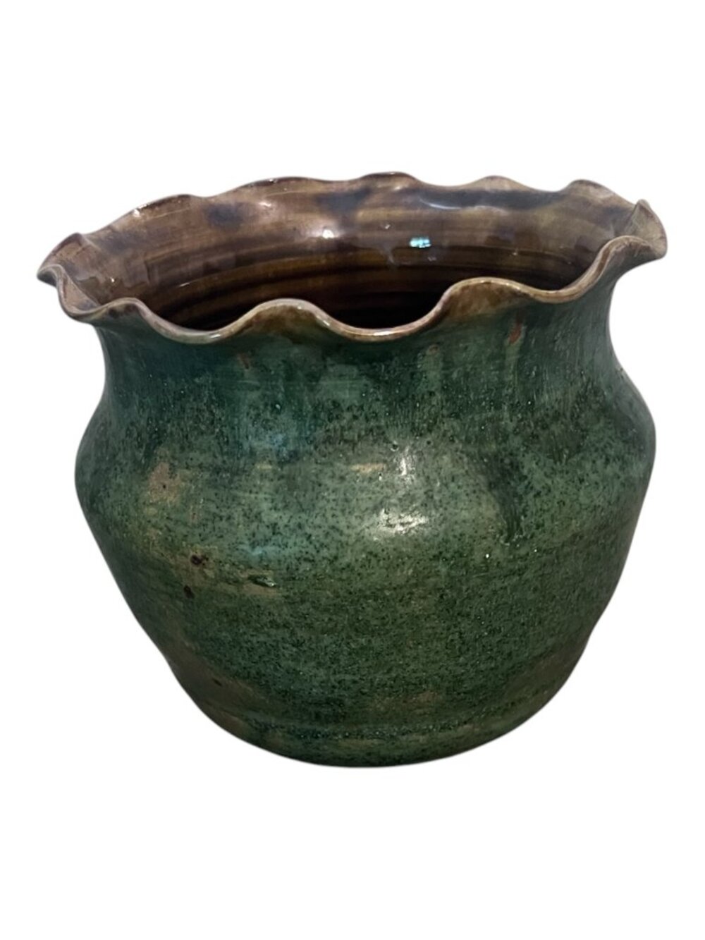 Handmade Studio Pottery Green Speckled Wavy Rim Bowl Planter Signed